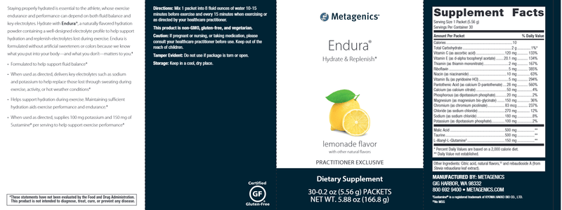 Endura Lemonade Flavor (Metagenics) Label
