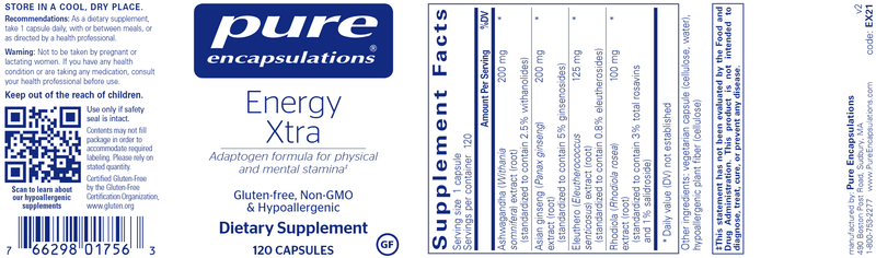 Energy Xtra - IMPROVED 120 Caps (Pure Encapsulations) Label