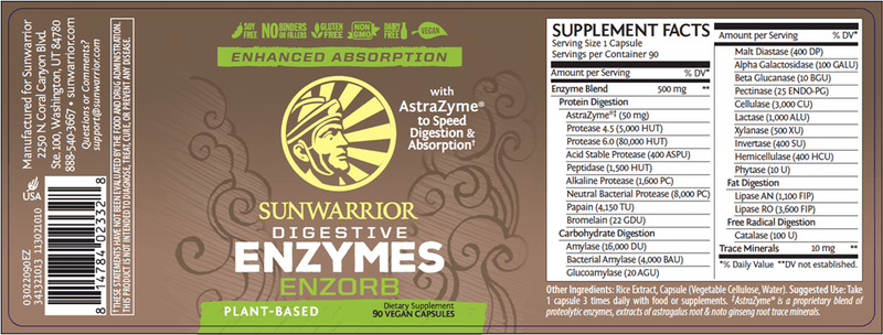 Enzorb Digestive Enzymes (Sunwarrior) Label