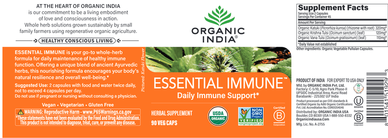Essential Immune (Organic India) Label