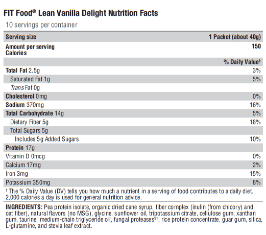 FIT Food Lean Vanilla Delight (Xymogen) Supplement Facts