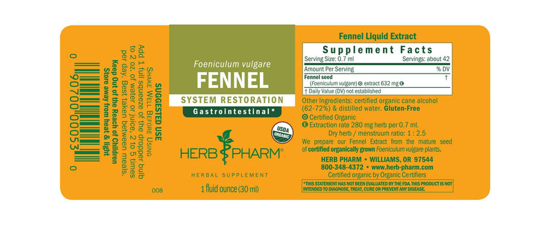 Fennel Foeniculum Vulgare (Herb Pharm) Label