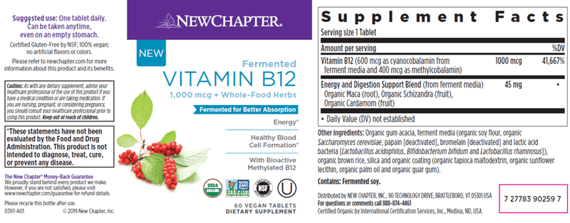 Fermented Vitamin B12 Complex (New Chapter) 60ct Label