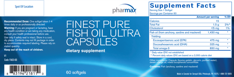 Finest Pure Fish Oil Ultra Capsules Pharmax Label
