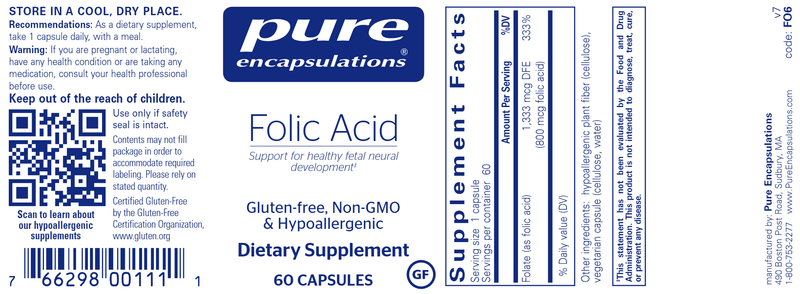Folic Acid (Pure Encapsulations) Label