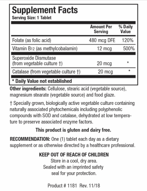 Folic Acid 800 (with B12) (Biotics Research) Supplement Facts