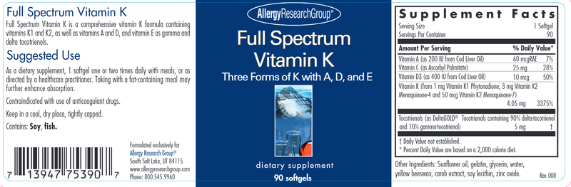 Full Spectrum Vitamin K (Allergy Research Group) label