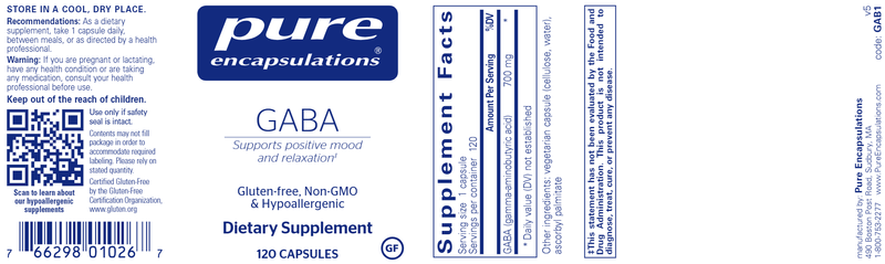 GABA 120 Caps (Pure Encapsulations) Label