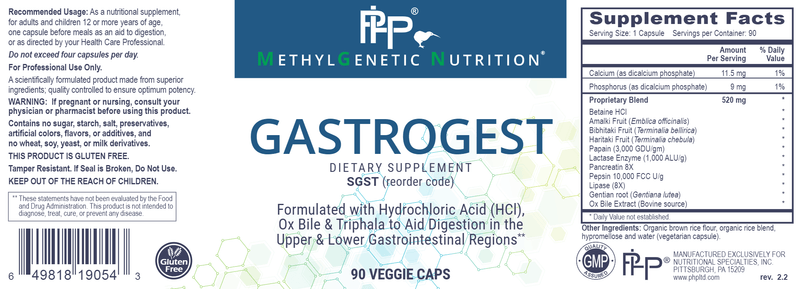 GASTROGEST Professional Health Products Label