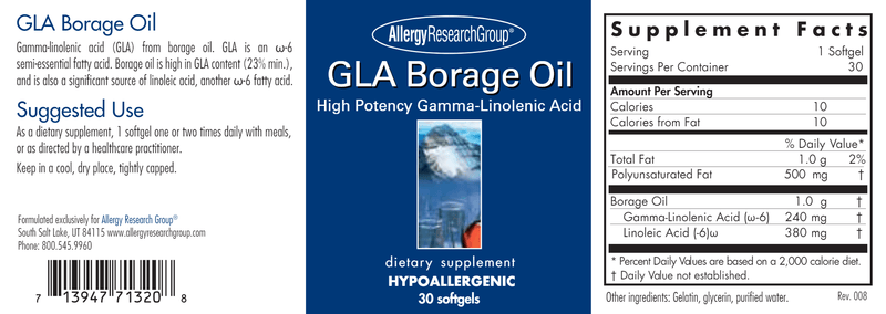GLA Borage Oil 30ct Allergy Research Group label