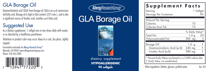 GLA Borage Oil 90ct Allergy Research Group label