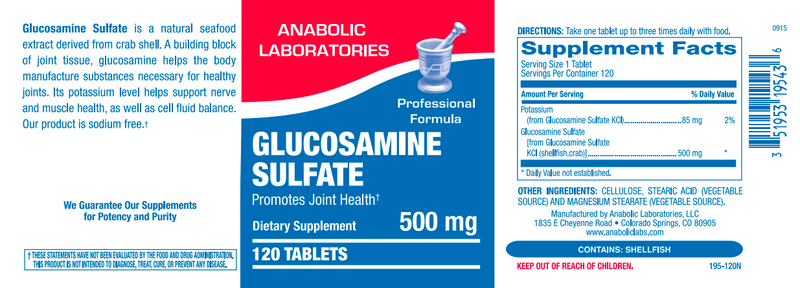 Glucosamine Sulfate 500 mg (Anabolic Laboratories) 120ct Label