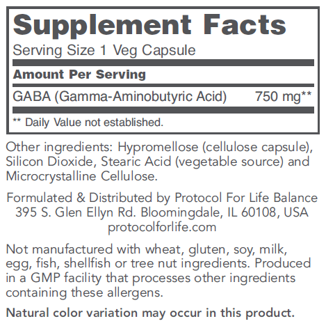 Gaba 750 mg (Protocol for Life Balance) Supplement Facts