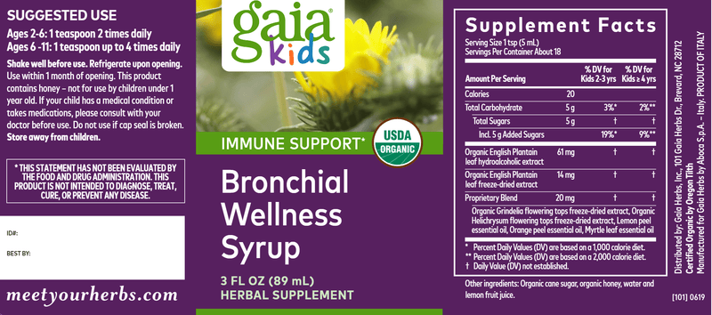 GaiaKids® Bronchial Wellness Syrup (Gaia Herbs) Label