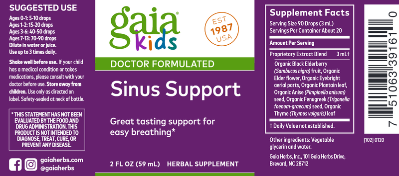 GaiaKids® Sinus Support 2oz (Gaia Herbs) Label