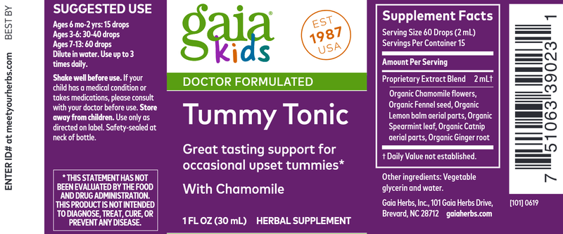 GaiaKids® Tummy Tonic Herbal Drops (Gaia Herbs) Label