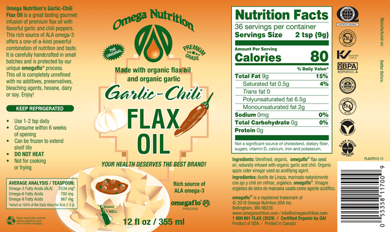 Garlic Chili Flax Seed Oil Organic (Omega Nutrition) Label