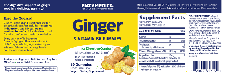 Ginger & Vitamin B6 Gummies (Enzymedica) Label
