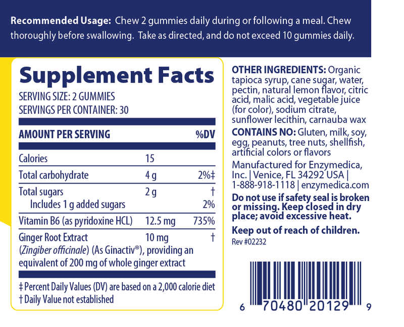 Ginger & Vitamin B6 Gummies (Enzymedica) Supplement Facts