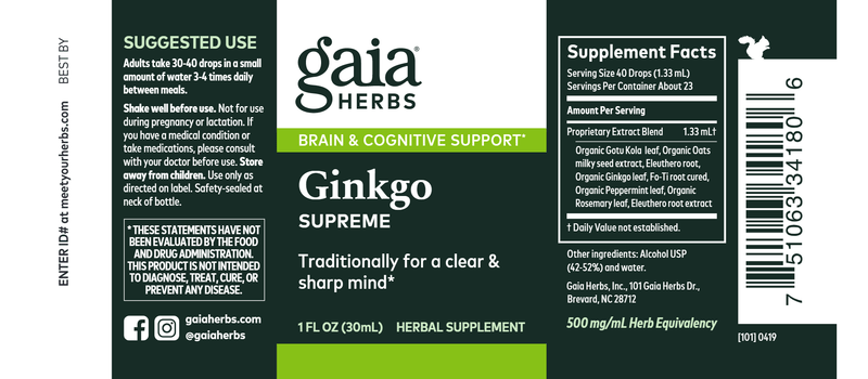 Ginkgo/Gotu Kola Supreme 1oz (Gaia Herbs) Label
