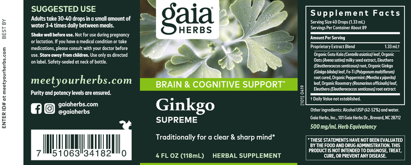 Ginkgo/Gotu Kola Supreme 4oz (Gaia Herbs) Label