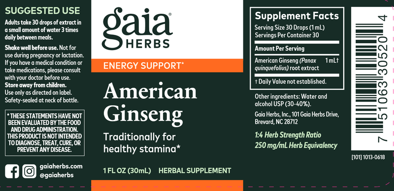 Ginseng Root American (Gaia Herbs) Label