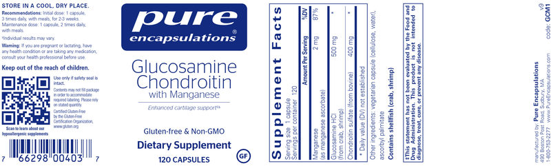 Glucosamine Chondroitin W/ Manganese (Pure Encapsulations) 120ct Label