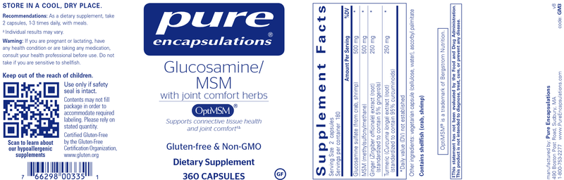 Glucosamine MSM with Joint Comfort Herbs 360 Caps (Pure Encapsulations) Label