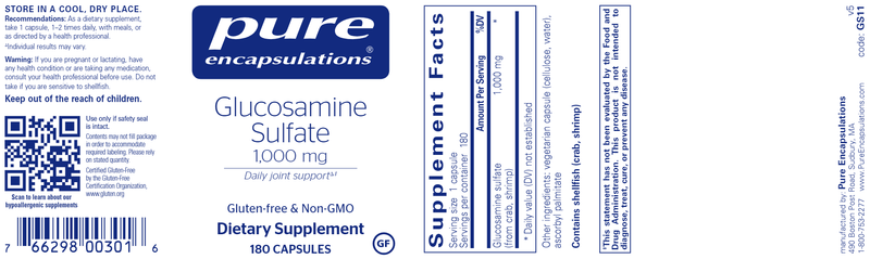 Glucosamine Sulfate 1,000 Mg. 180 Caps (Pure Encapsulations) Label