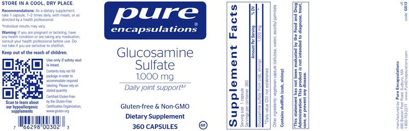Glucosamine Sulfate 1,000 Mg. 360 Caps (Pure Encapsulations) Label