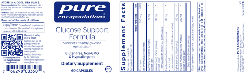 Glucose Support Formula 60 Caps (Pure Encapsulations) Label