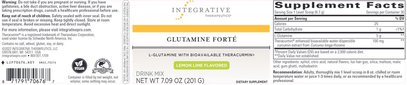 Glutamine Forte Lemon Lime Drink Mix 201g (Integrative Therapeutics) Label