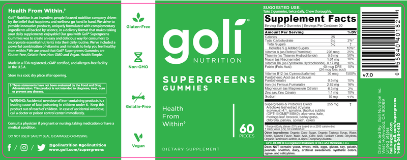 Goli Super Greens Gummies Goli Nutrition Label