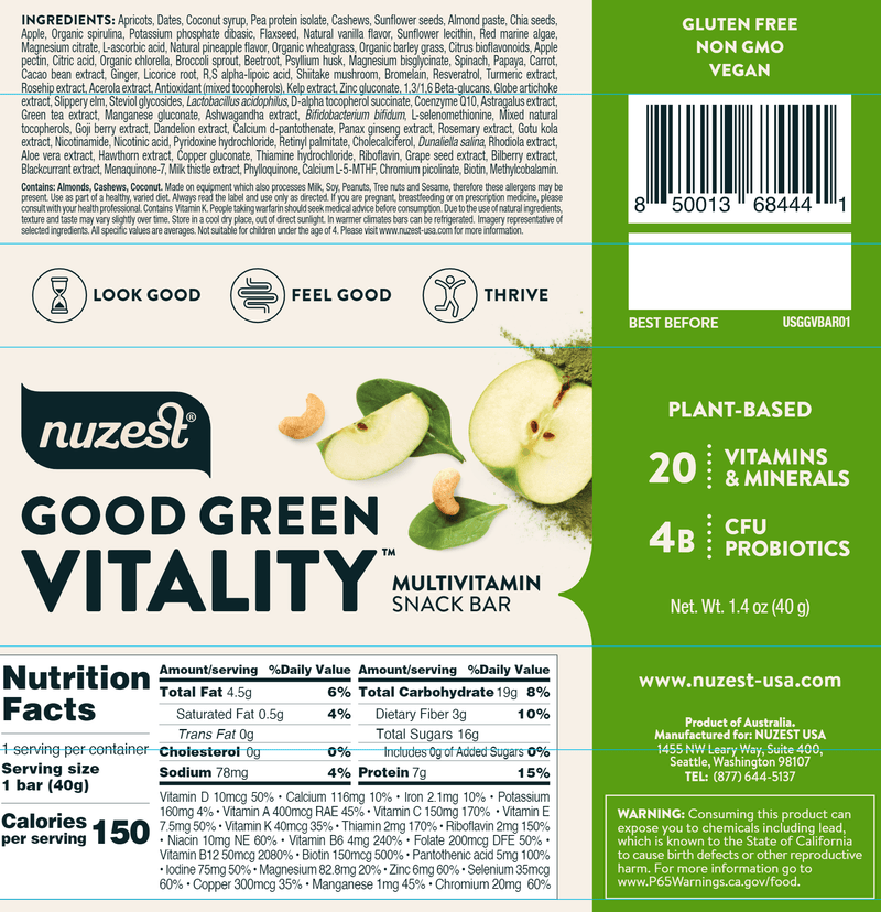 Good Green Vitality Multivitamin Bar NuZest Label