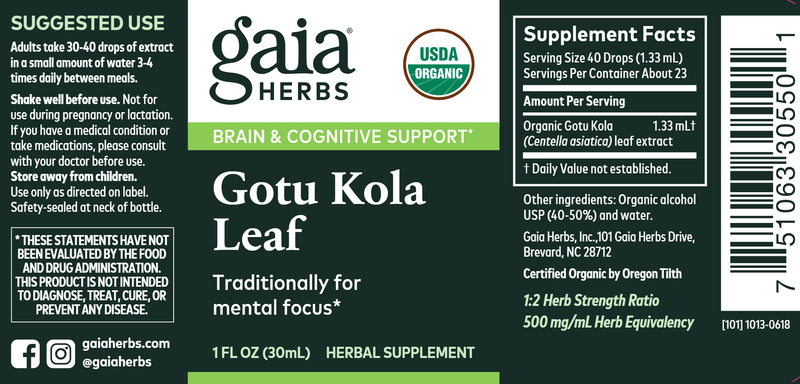 Gotu Kola Leaf (Gaia Organics®) (Gaia Herbs) Label