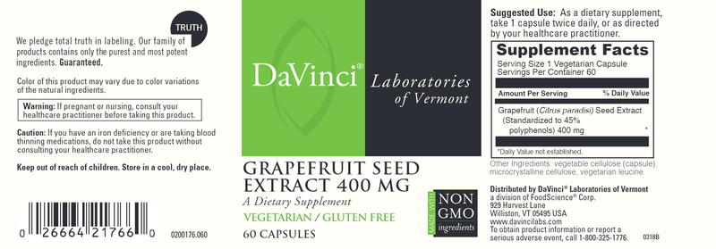 Grapefruit Seed Extract 400 mg DaVinci Labs Label
