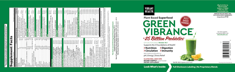 Green Vibrance Powder 25.04oz (Vibrant Health) Label