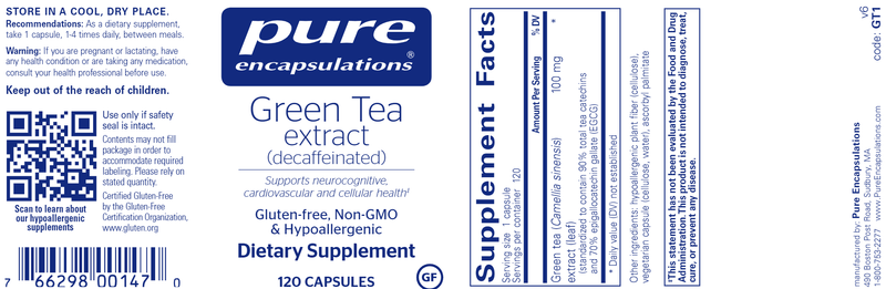 Green Tea Extract 120 Caps (Pure Encapsulations) label