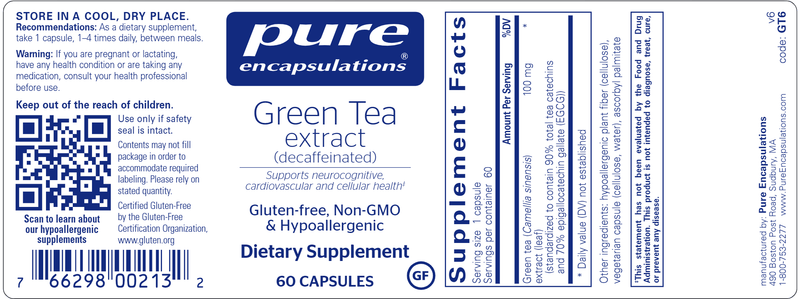 Green Tea Extract 60 Caps (Pure Encapsulations) label