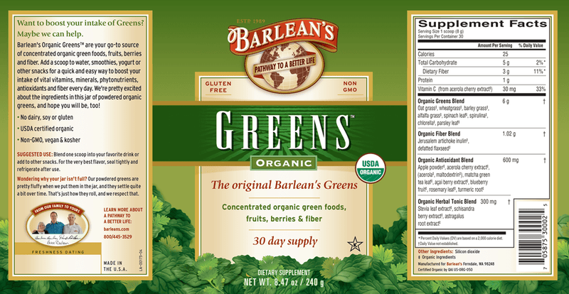 Greens Organic Powder (Barlean's Organic Oils) Label