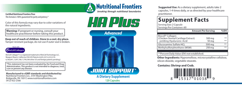 HA Plus 120ct (Nutritional Frontiers) Label