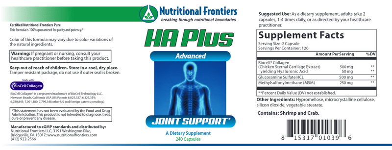 HA Plus 240ct (Nutritional Frontiers) Label