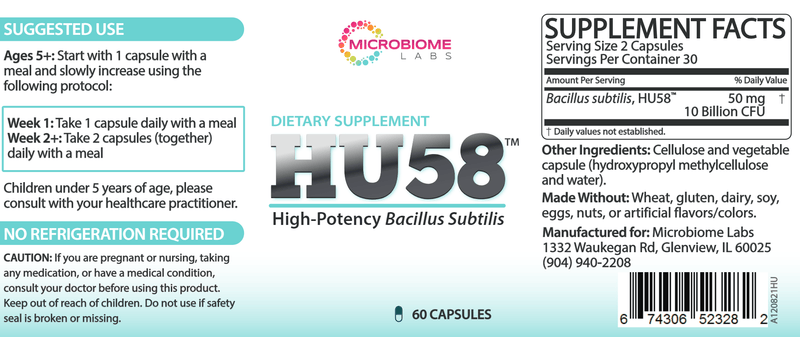 HU58 - High Potency Bacillus subtilis Probiotic by Microbiome Labs Label