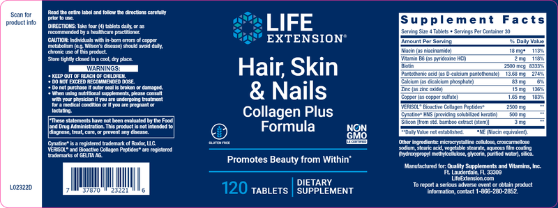Hair, Skin & Nails Collagen Plus Formula (Life Extension) Label
