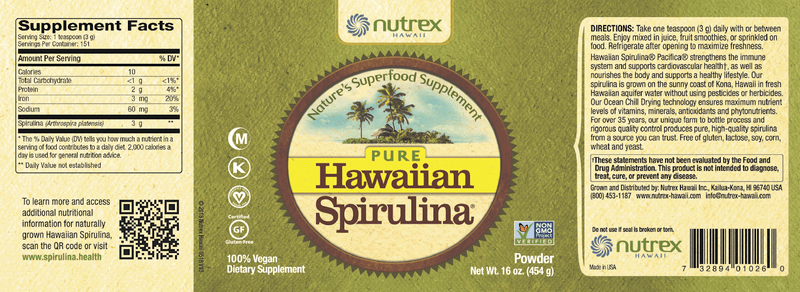 Hawaiian Spirulina Powder 16oz Nutrex Hawaii Label