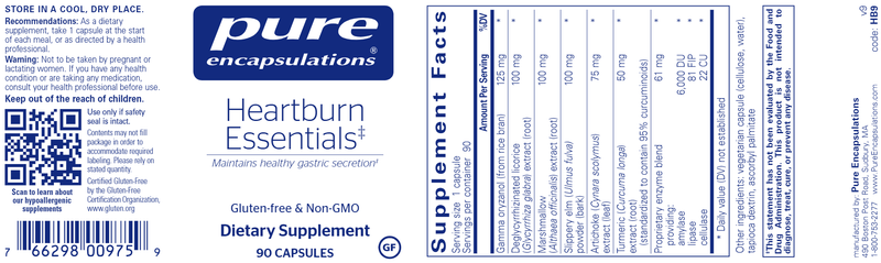 Heartburn Essentials 90 caps (Pure Encapsulations) label
