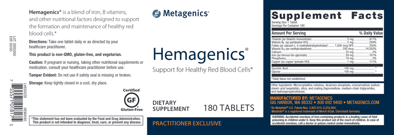 Hemagenics (Metagenics) 180ct Label