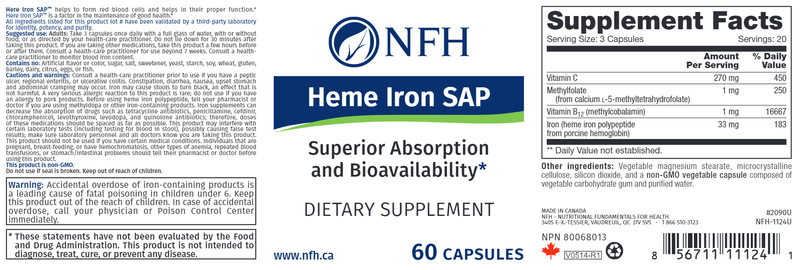 Heme Iron SAP 60ct (NFH Nutritional Fundamentals) Label
