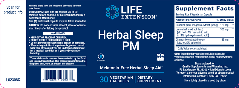Herbal Sleep PM (Life Extension) Label