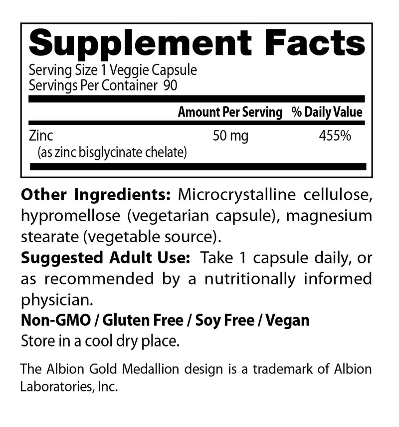 High Absorption Zinc Bisglycinate (Doctors Best) Supplement Facts